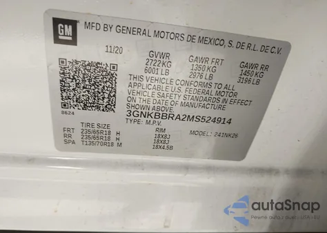 2021 Chevrolet Blazer Fwd 1Lt из США, поврежденный, VIN 3GNKBBRA2MS524914